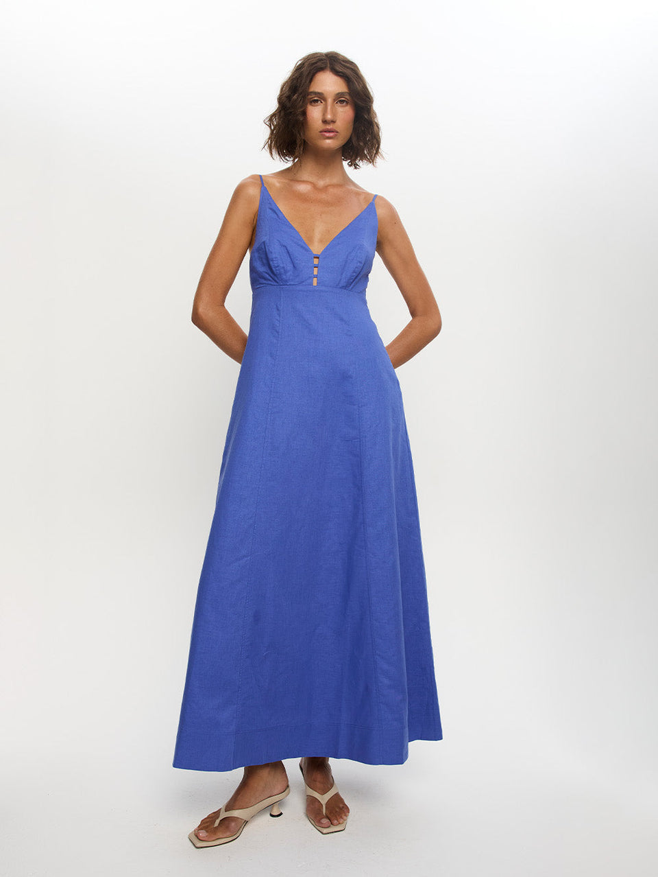 Woman in maxi blue dress