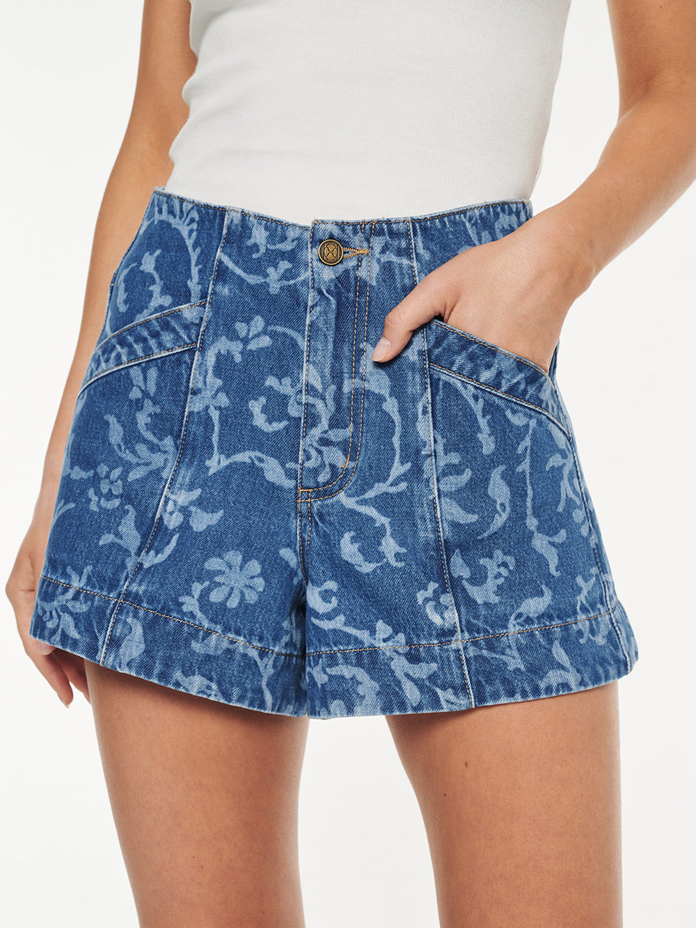 ALWAYS print denim shorts ショートパンツ 32 Laguna Printed Denim Short - Blue | High Rise Denim Shorts