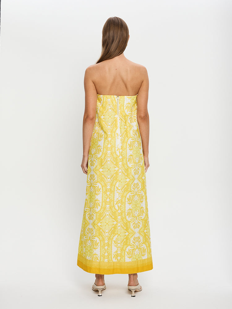 KIVARI Madeline Strapless Maxi Dress | Yellow abstract floral dress back view