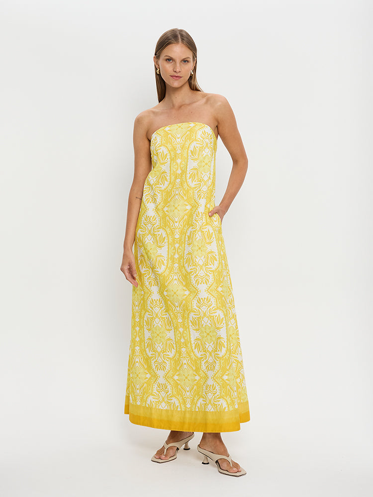 KIVARI Madeline Strapless Maxi Dress | Yellow abstract floral dress