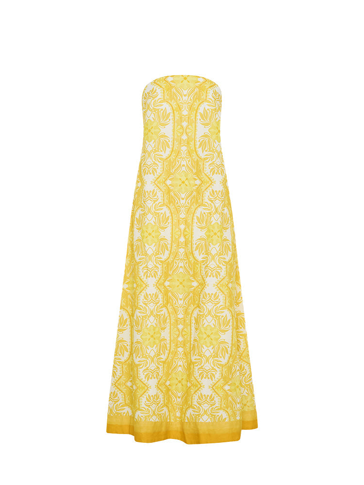 KIVARI Madeline Strapless Maxi Dress | Yellow abstract floral dress