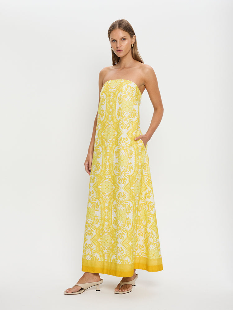 KIVARI Madeline Strapless Maxi Dress | Yellow abstract floral dress