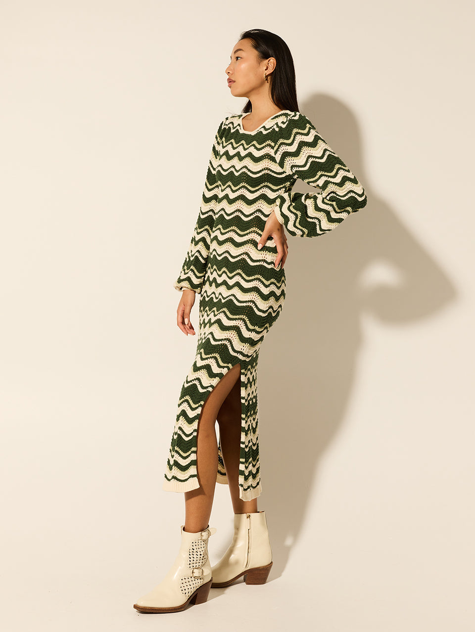 Marcella Knit Midi Dress KIVARI | Model wears green and cream midi dress