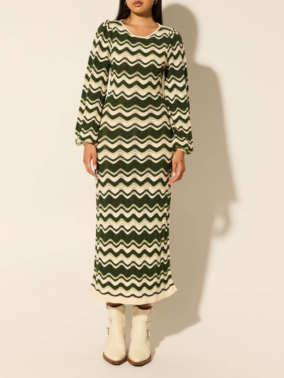 Marcella Knit Midi Dress KIVARI | Model wears green and cream midi dress