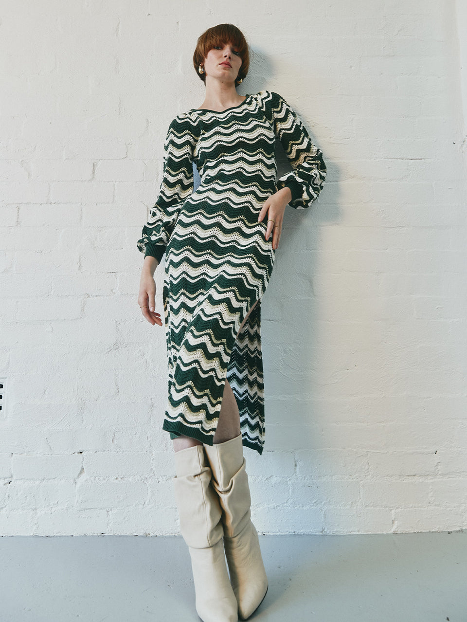 Marcella Knit Midi Dress KIVARI | Model wears green and cream midi dress campaign