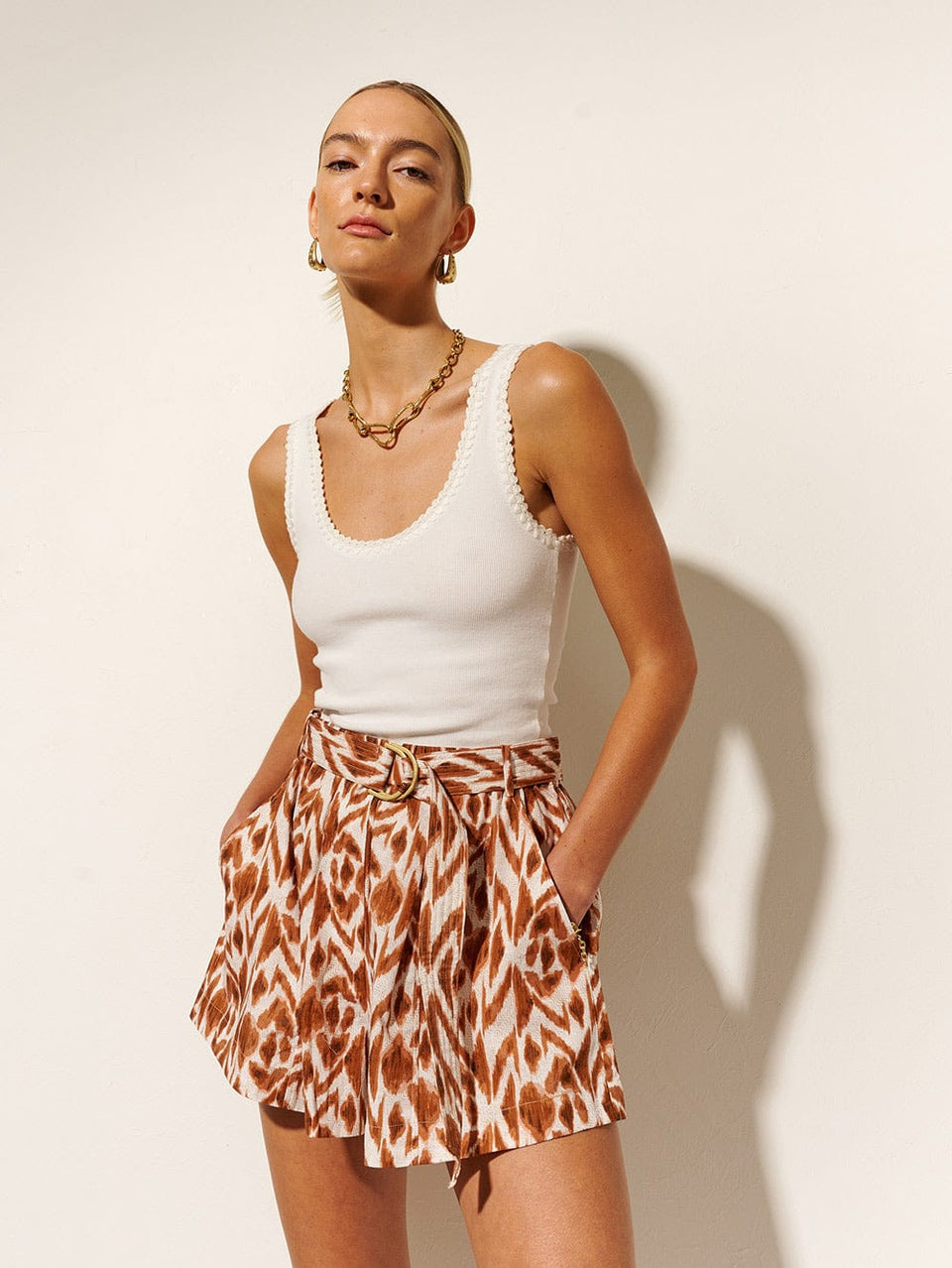 Marisa Short KIVARI | Model wears brown and ivory aztek printed short 