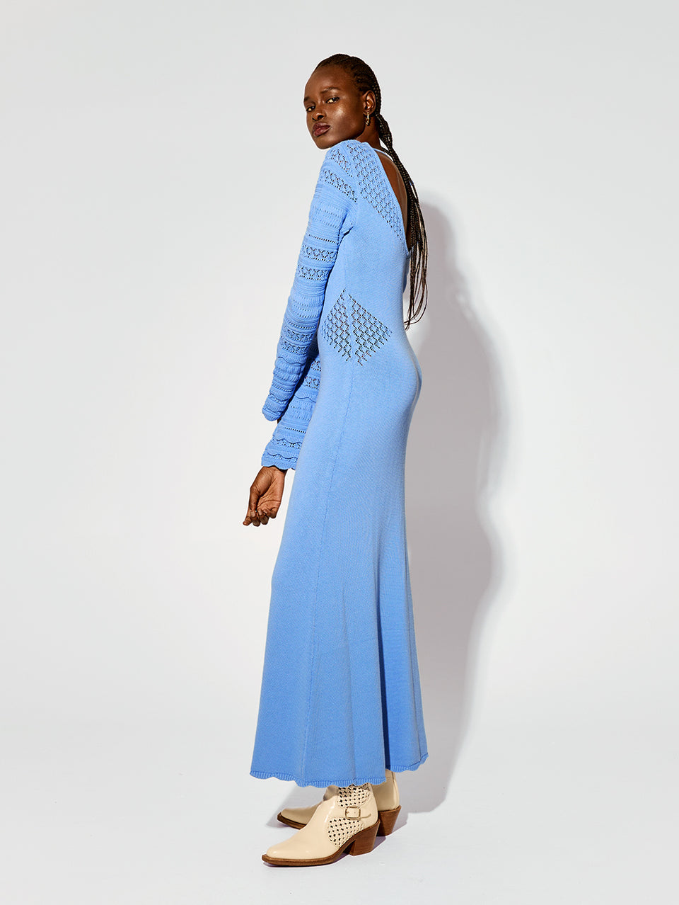 Marisol Knit Maxi Dress KIVARI | Model wears blue knit maxi dress side view