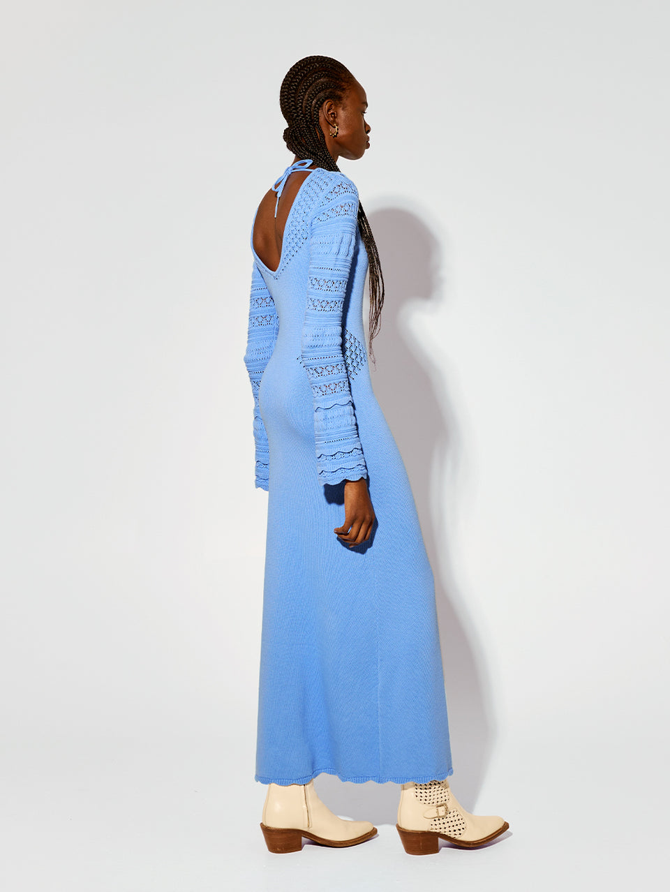 Marisol Knit Maxi Dress KIVARI | Model wears blue knit maxi dress back view