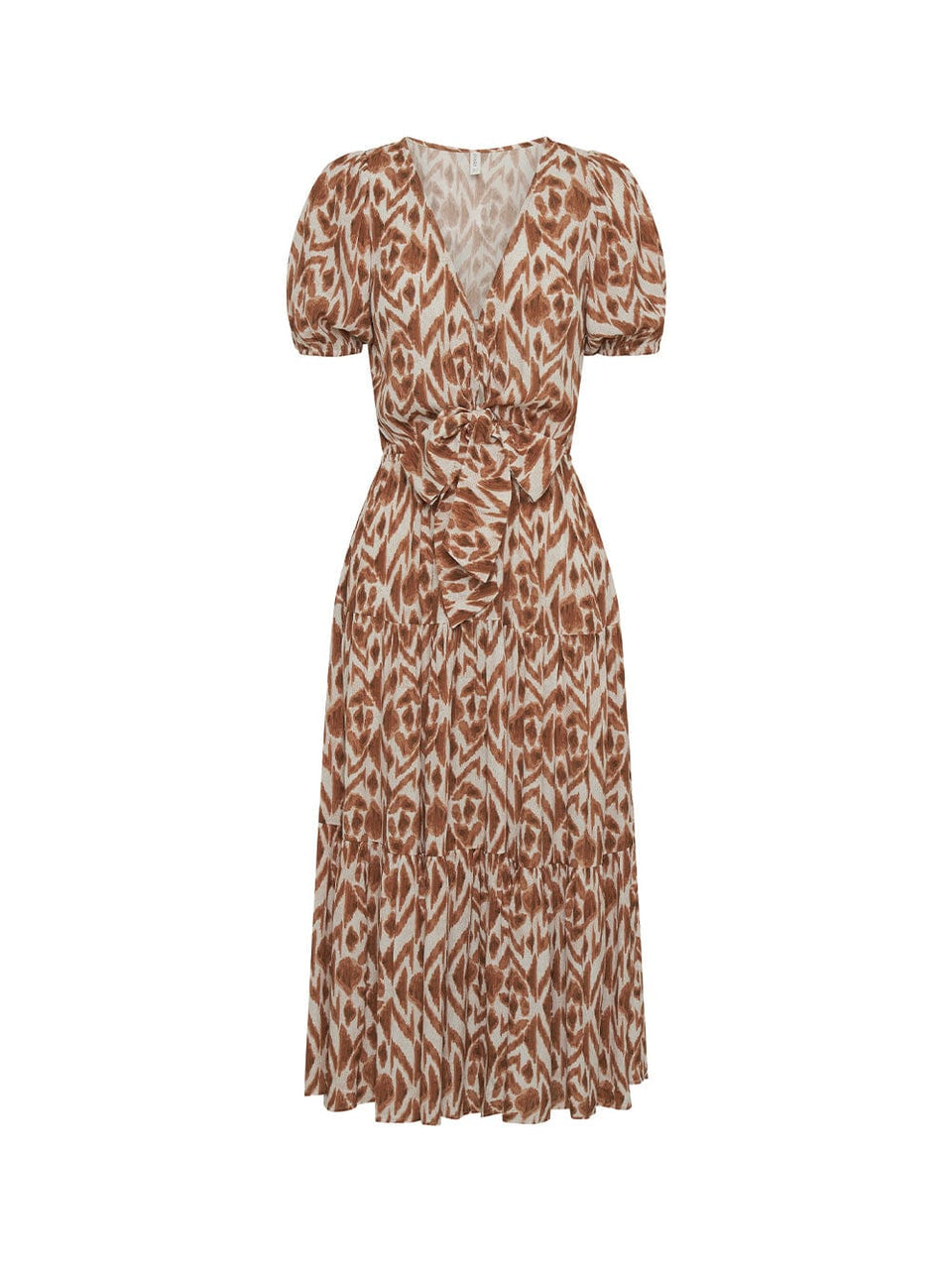 Marisa Tie Front Midi Dress KIVARI | Brown and ivory aztek printed midi dress