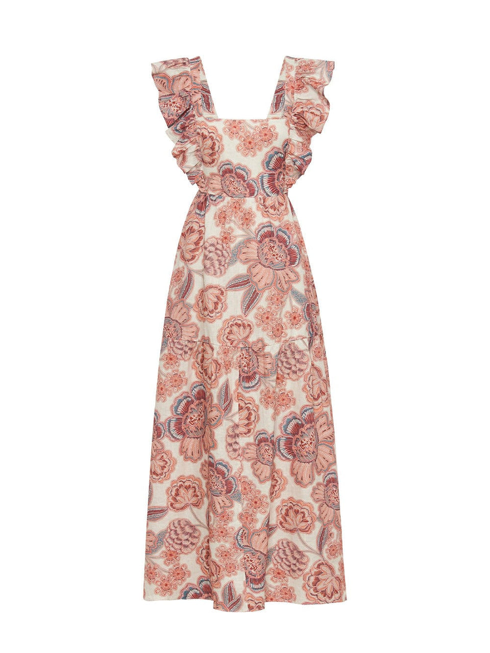 Ghost image of KIVARI Maya Maxi Dress: A pink and red floral on a natural base made from a linen-cotton blend and featuring square neckline, ruffle shoulder straps, tie back bodice and side pockets.