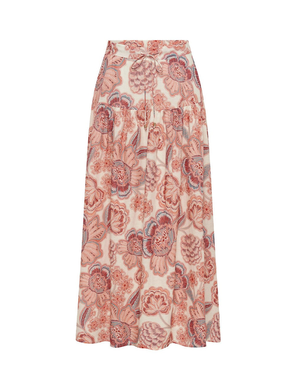 Ghost image of KIVARI Maya Maxi Skirt: A pink and red floral on a natural base featuring a flat waistband front and elasticated back with front tie, side zipper and a gathered tiered skirt.