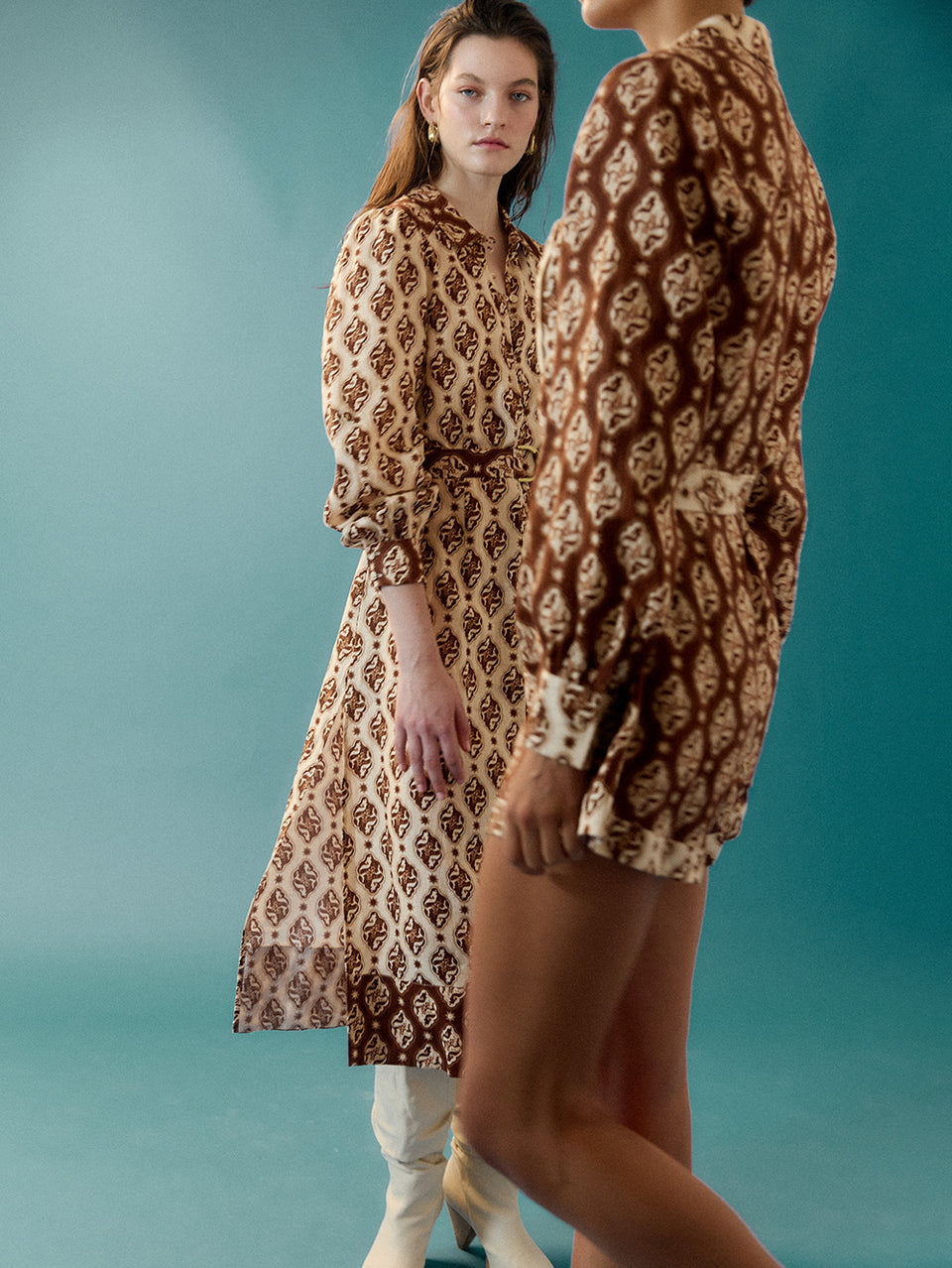 Melody Midi Dress KIVARI | Model wears brown and cream print midi dress campaign