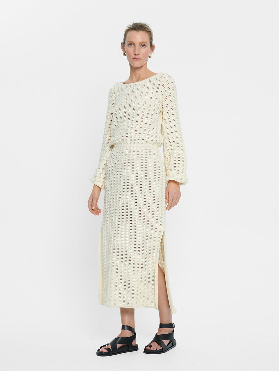 Noa Knit Dress Cream KIVARI | Model wears cream knit dress