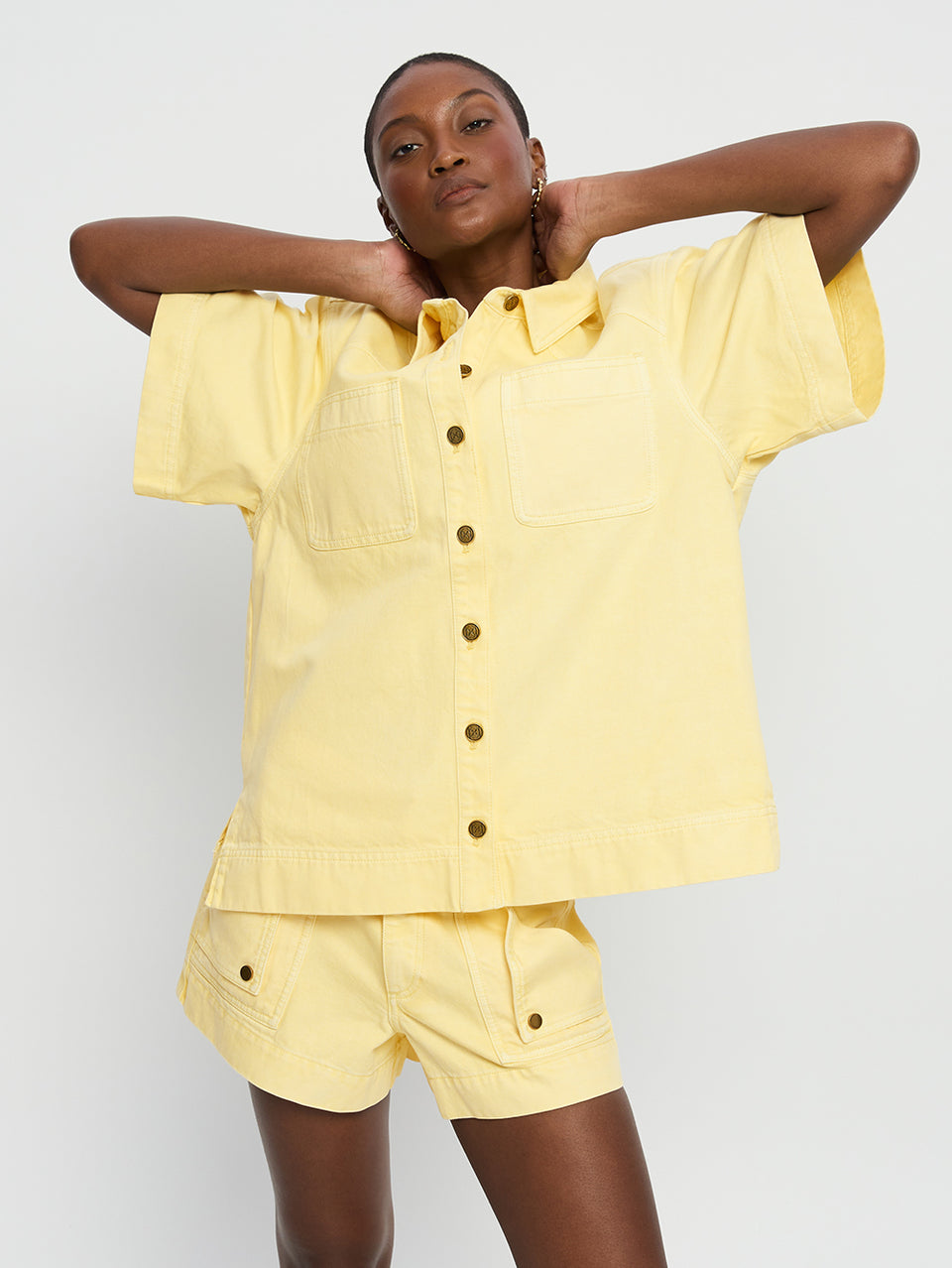 Paloma Shirt Butter | Model wears yellow denim shirt vibe