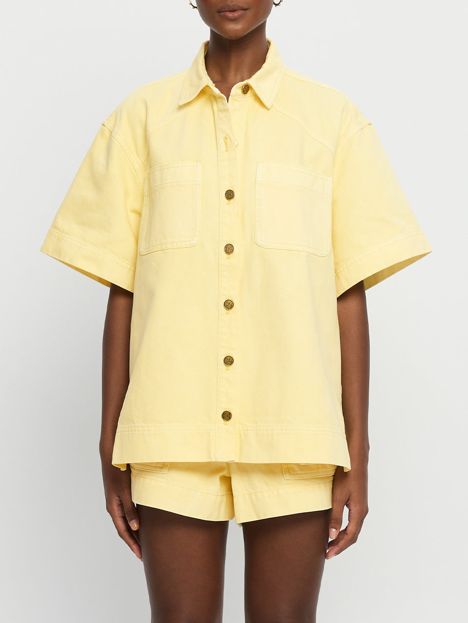 Paloma Shirt Butter | Model wears yellow denim shirt