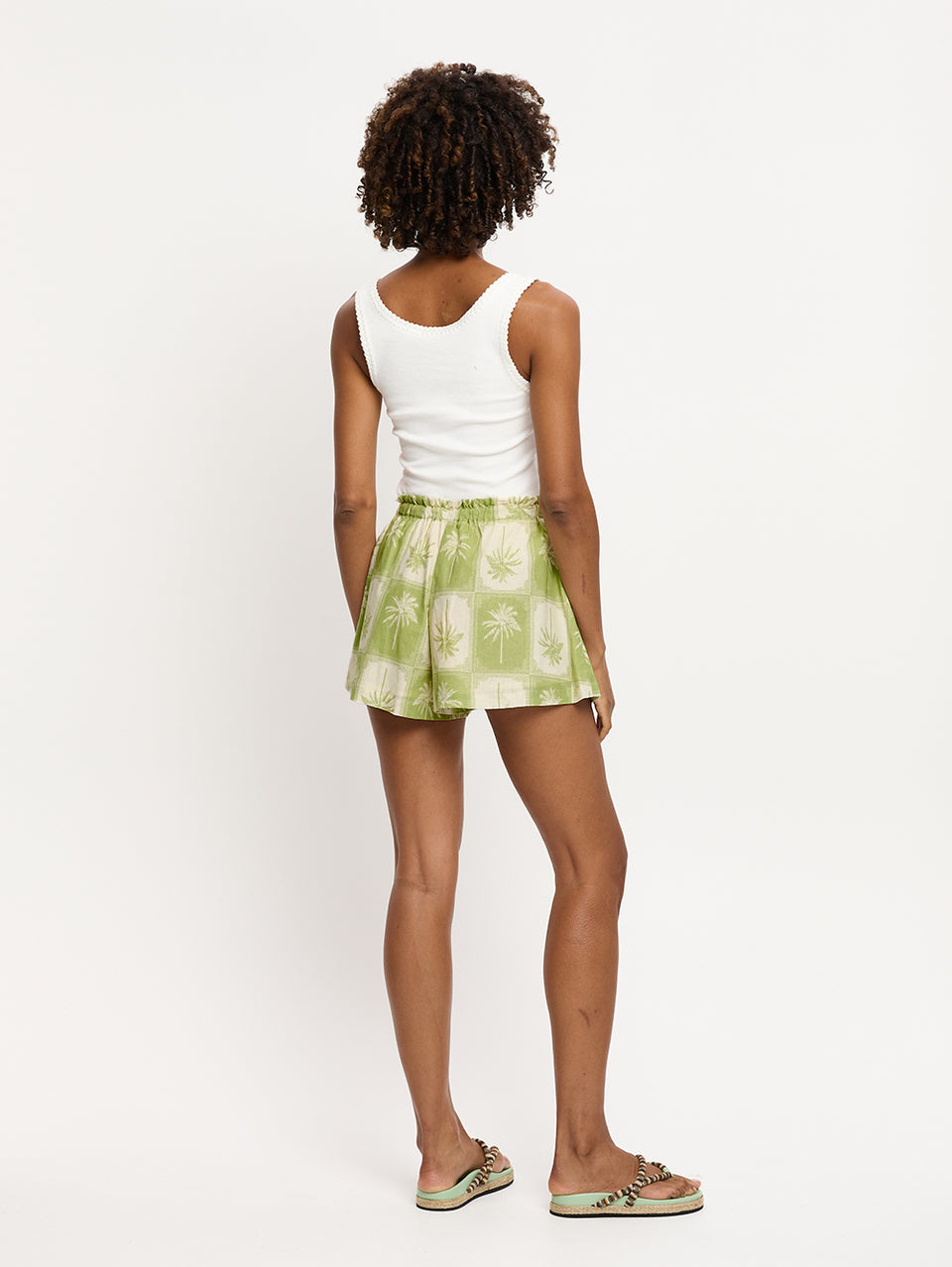 Paradiso Short KIVARI | Model wears palm tree printed short back view