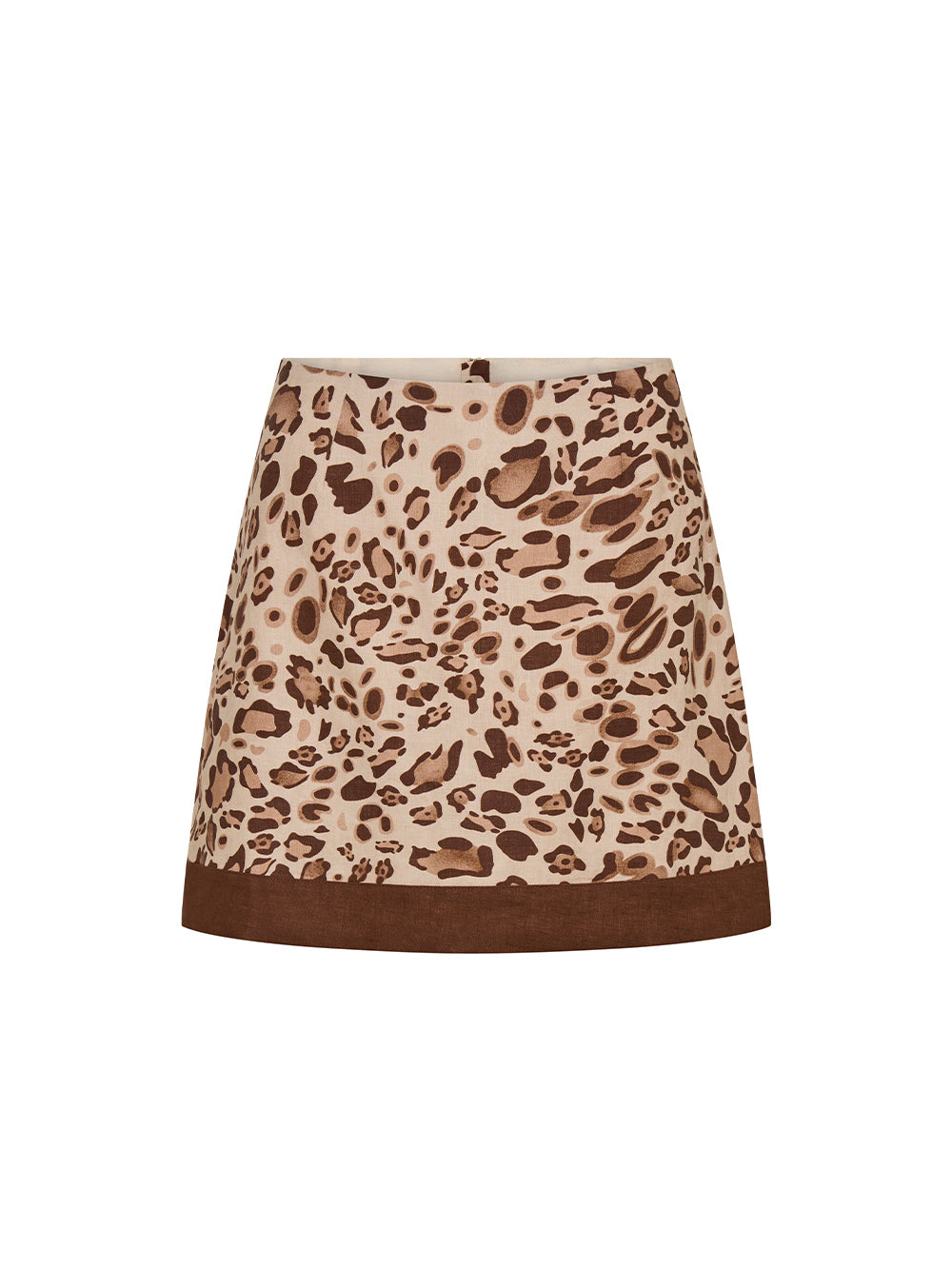 Leopard print skirt with brown trim on a white background