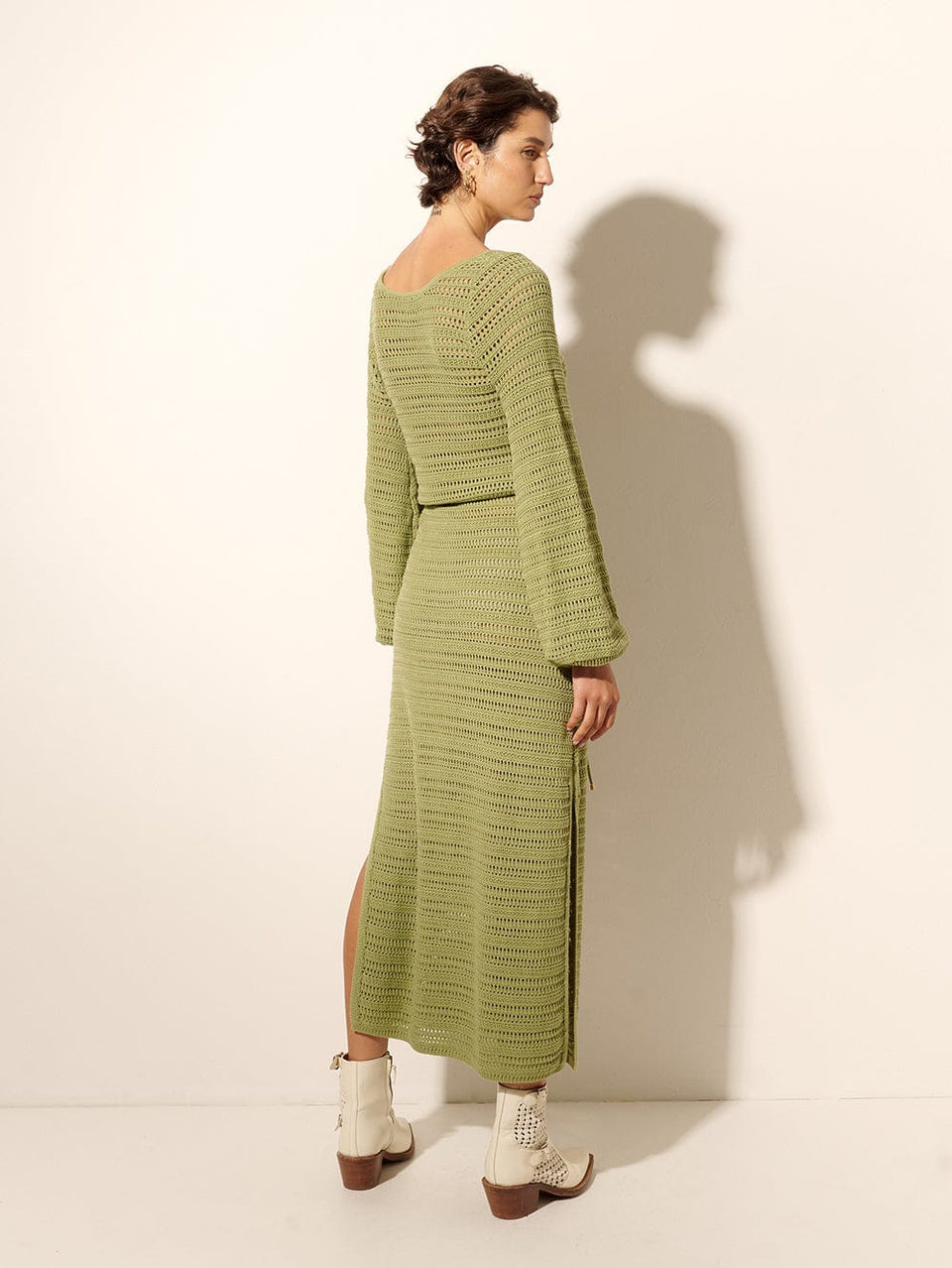 Pepe Knit Dress Avocado KIVARI | Model wears avocado green knit maxi dress back view