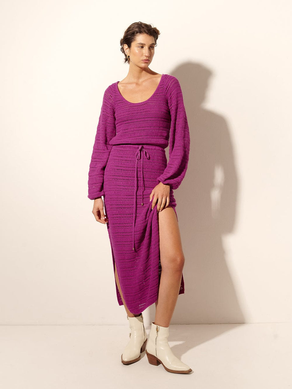 Pepe Knit Dress Purple KIVARI | Model wears purple knit midi dress