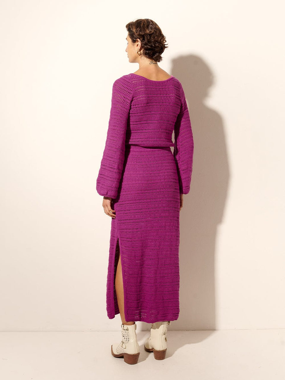 Pepe Knit Dress Purple KIVARI | Model wears purple knit midi dress back view
