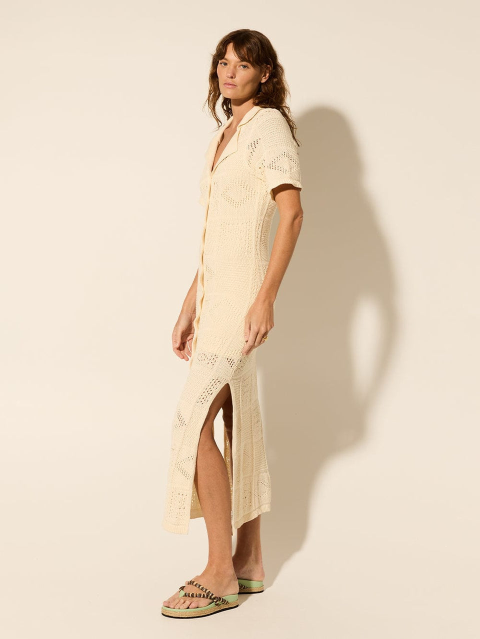 Clementine Collared Midi Dress Cream KIVARI | Model wears cream knit midi dress side view