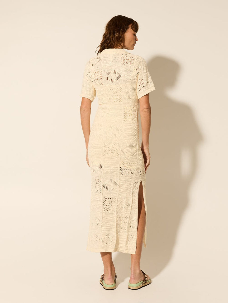 Clementine Collared Midi Dress Cream KIVARI | Model wears cream knit midi dress back view