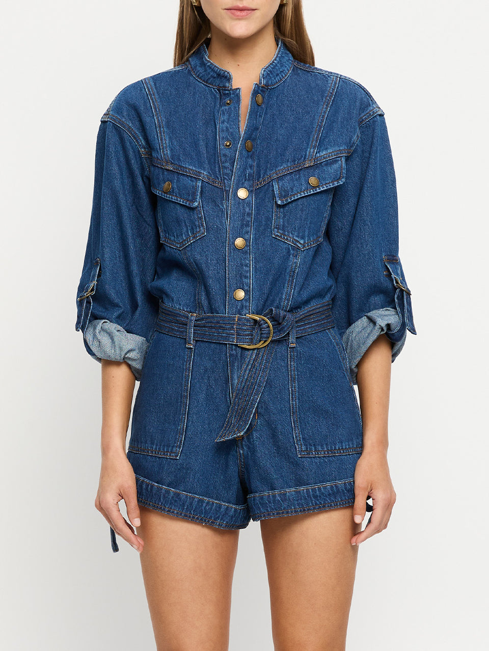 Elena Playsuit Indigo KIVARI | Model wears indigo blue denim playsuit