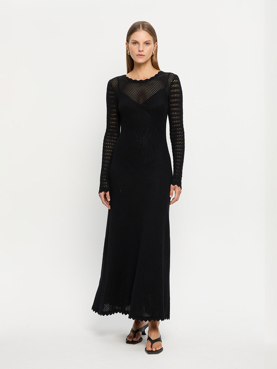 Ingrid Midi Dress Black KIVARI | Model wears black knit midi dress