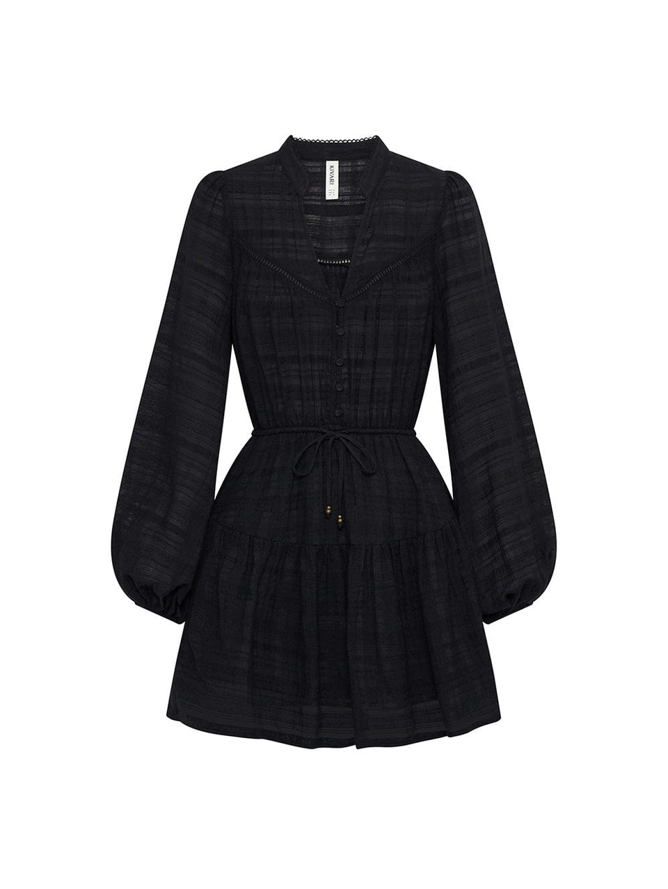 Ghost image of the KIVARI Rafaelle Mini Dress: a black dress made from cotton check featuring a button-front bodice, full-length blouson sleeves, drawstring waist and gathered hem frill.