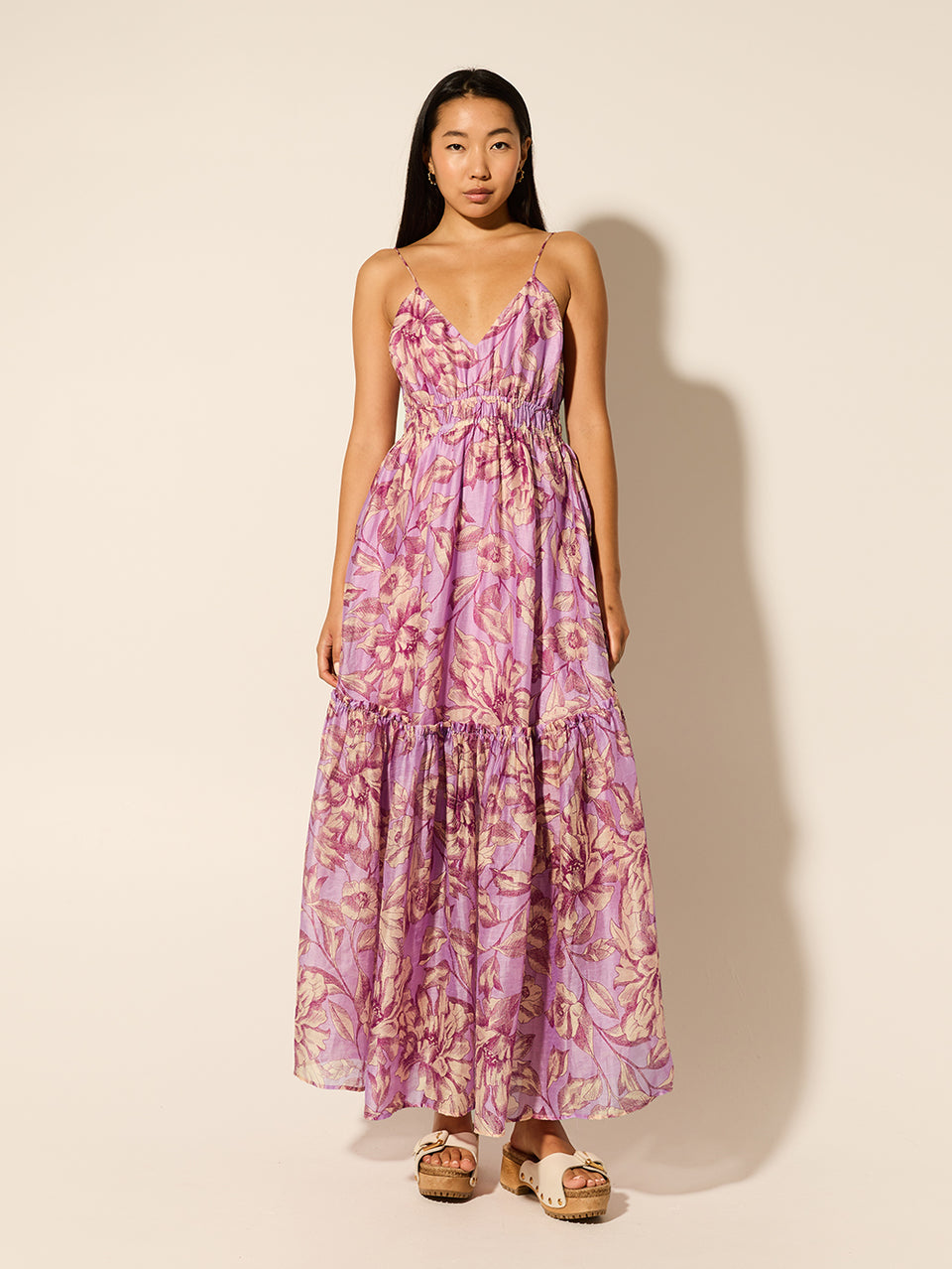 Reyna Maxi Dress KIVARI | Model wears purple floral maxi dress