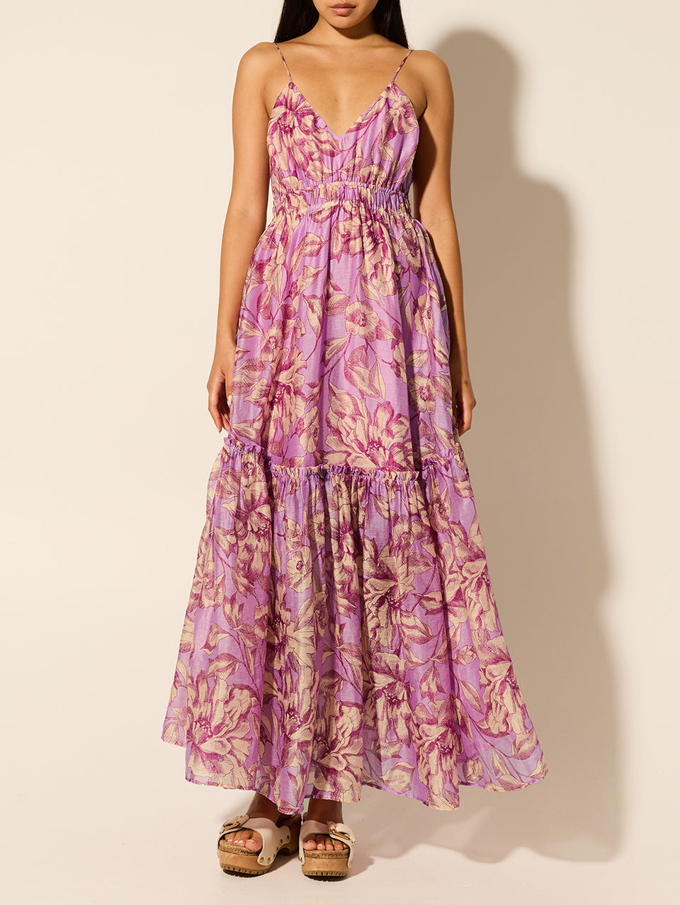 Reyna Maxi Dress KIVARI | Model wears purple floral maxi dress 