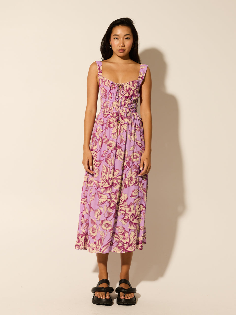 Reyna Strappy Midi Dress KIVARI | Model wears purple floral strappy midi dress