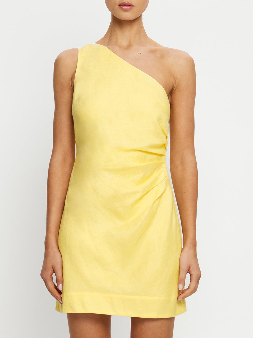 one shoulder yellow mini dress Romina One Shoulder Dress | Butter Yellow Linen Dress