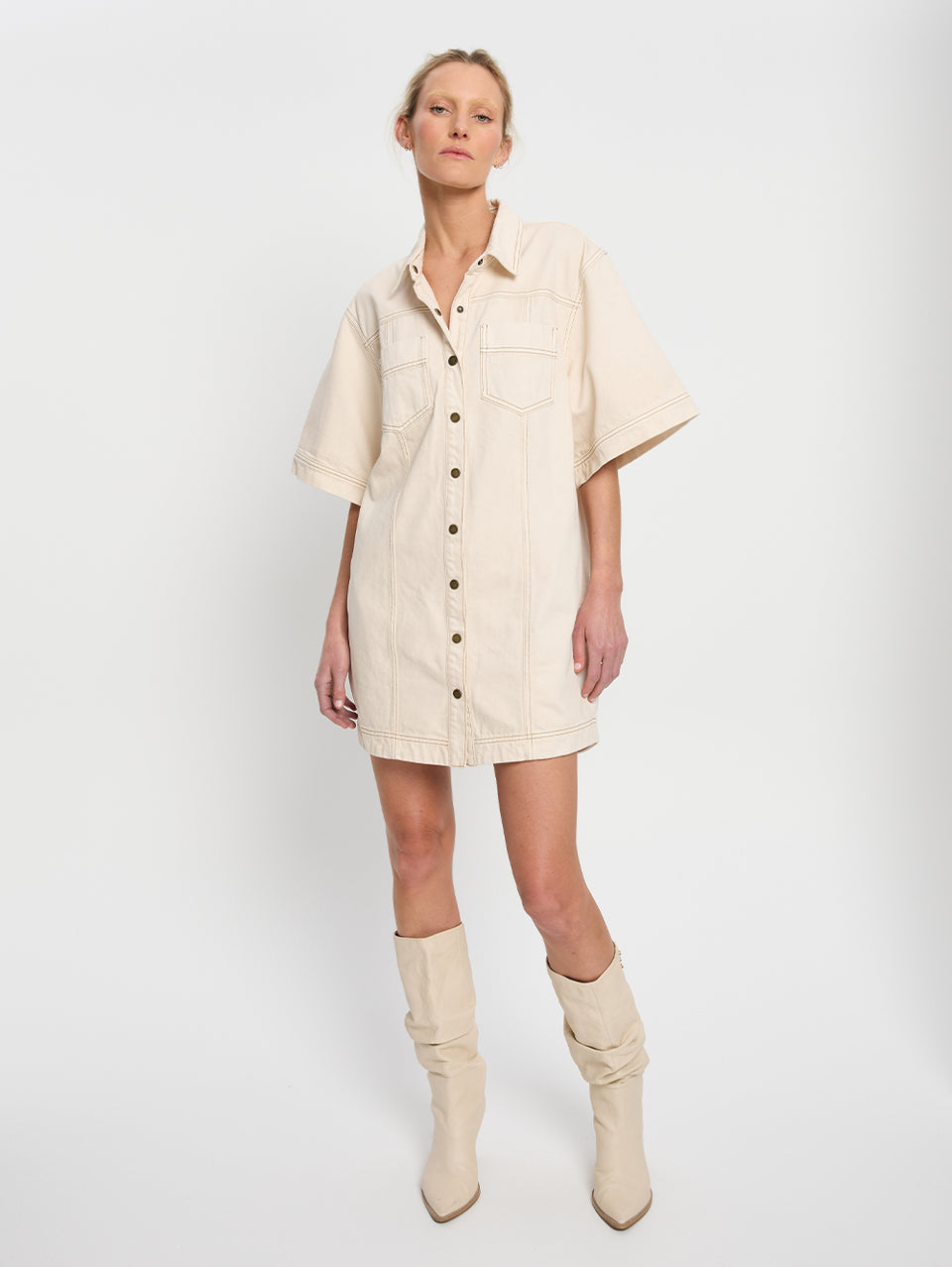 Rowyn Shirt Dress Cream KIVARI | Model wears cream denim shirt dress