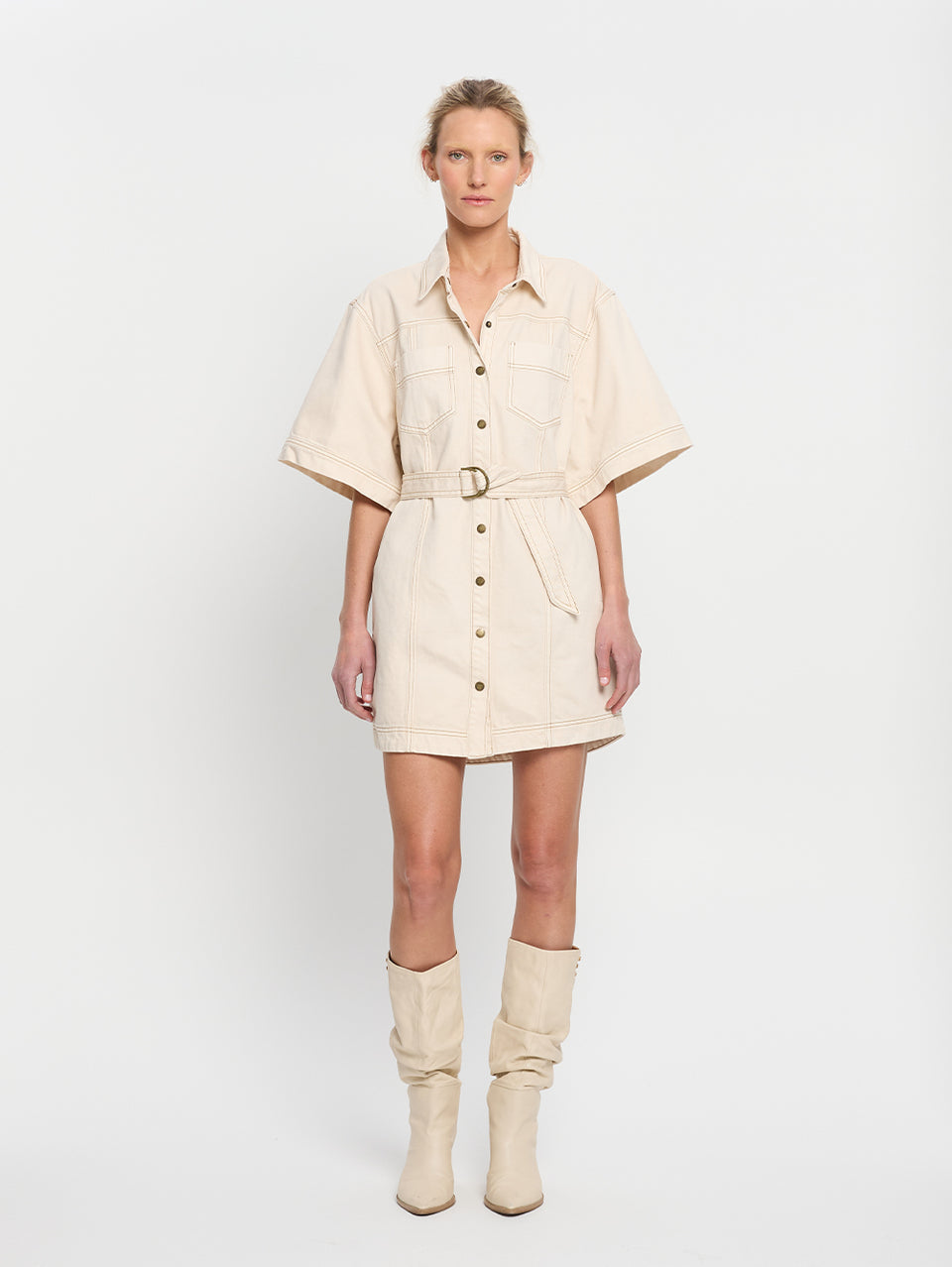 Rowyn Shirt Dress Cream KIVARI | Model wears cream denim shirt dress