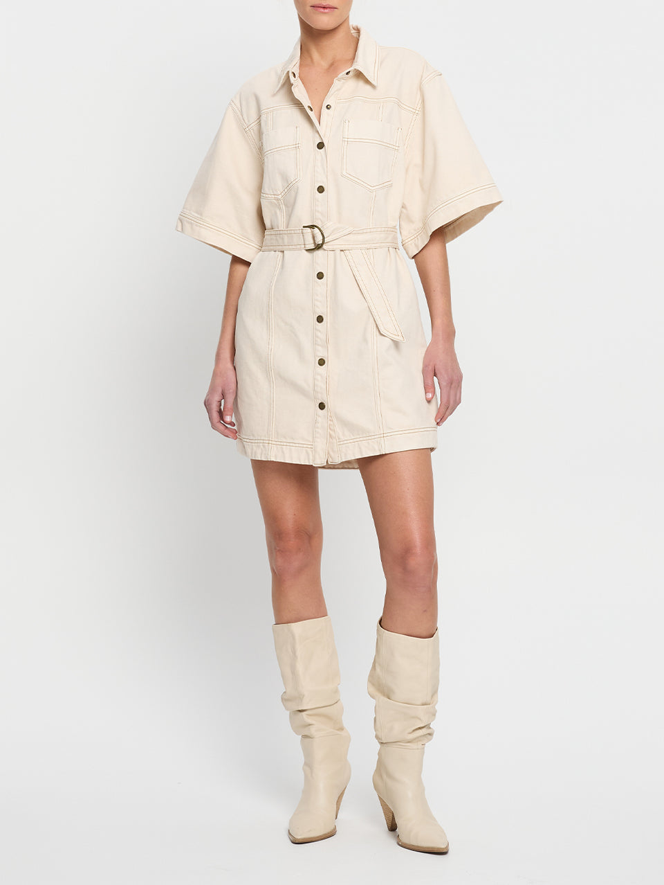 Rowyn Shirt Dress Cream KIVARI | Model wears cream denim shirt dress