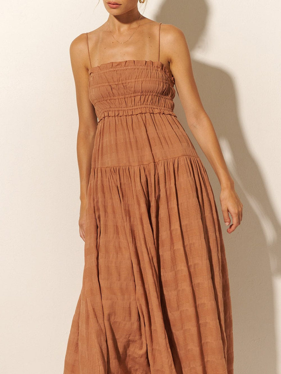 KIVARI Rylan Maxi Dress | Model wears Brown Maxi Dress Close Up