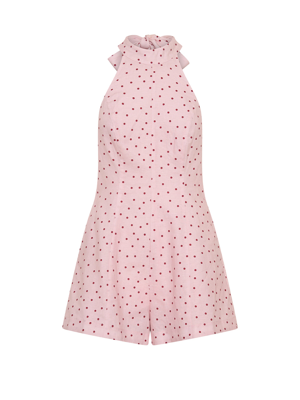 Pink polka dot dress with ruffled straps on a white background