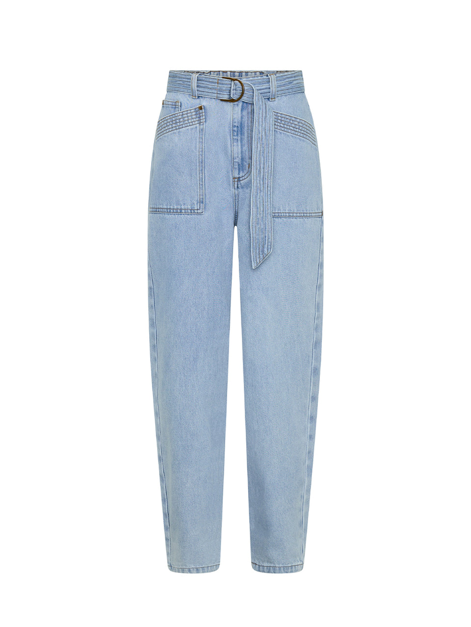 Light blue jeans with a belt on a white background