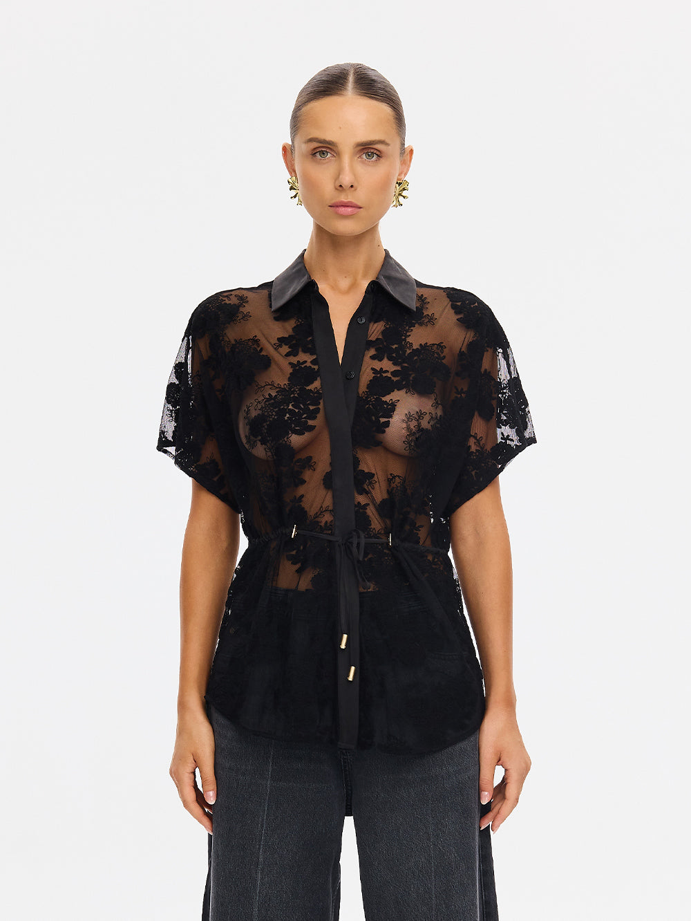 Jaxon Lace Shirt - Black | Black Lace Short Sleeve Shirt – KIVARI