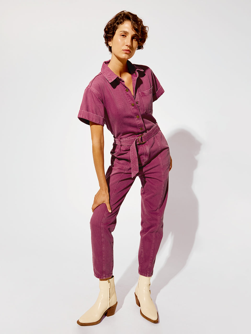 Tahlia Boilersuit Burgundy KIVARI | Model wears purple denim boilersuit