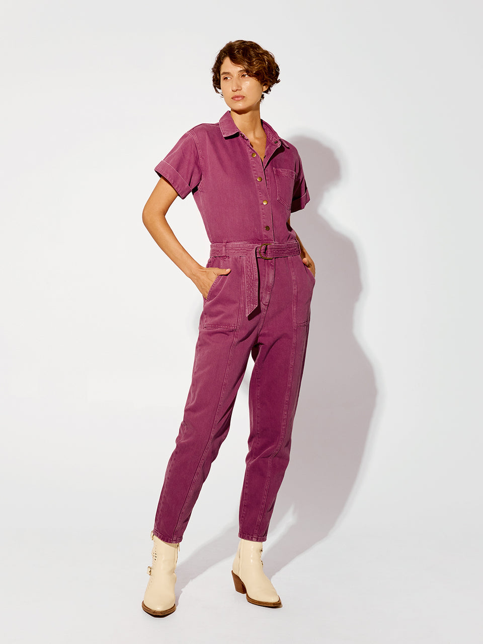 Tahlia Boilersuit Burgundy KIVARI | Model wears purple denim boilersuit