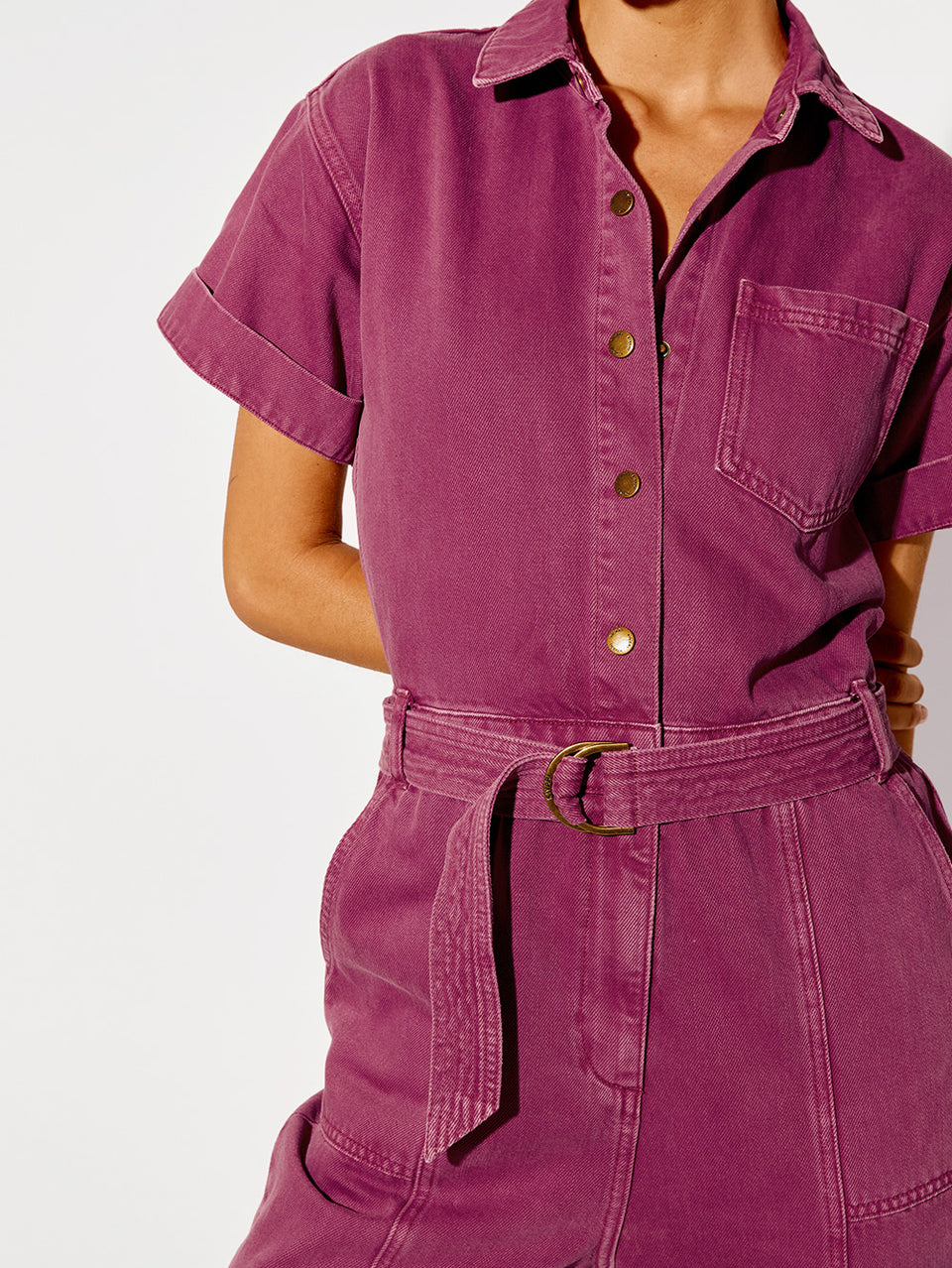 Tahlia Boilersuit Burgundy KIVARI | Model wears purple denim boilersuit close up