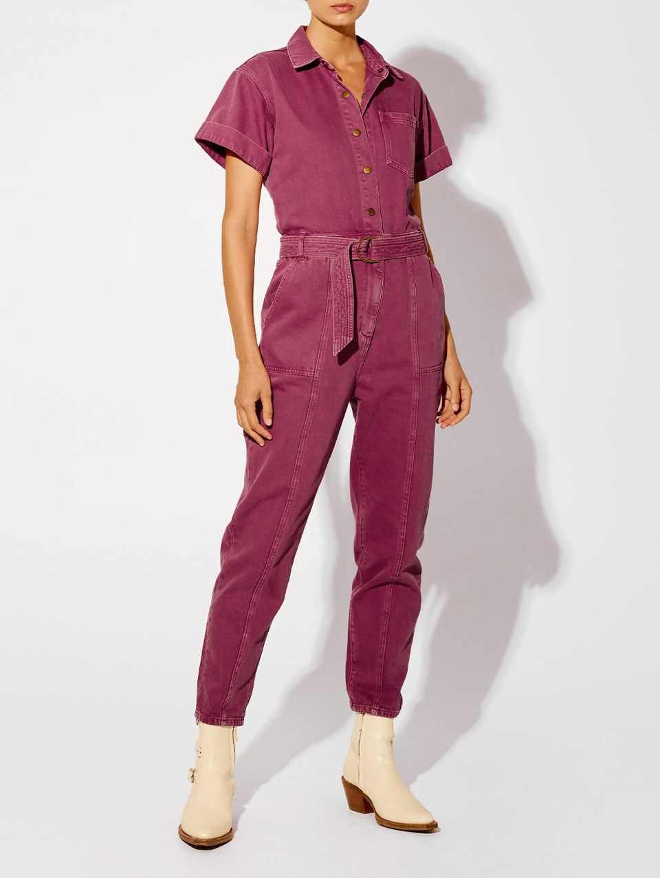 Tahlia Boilersuit Burgundy KIVARI | Model wears purple denim boilersuit