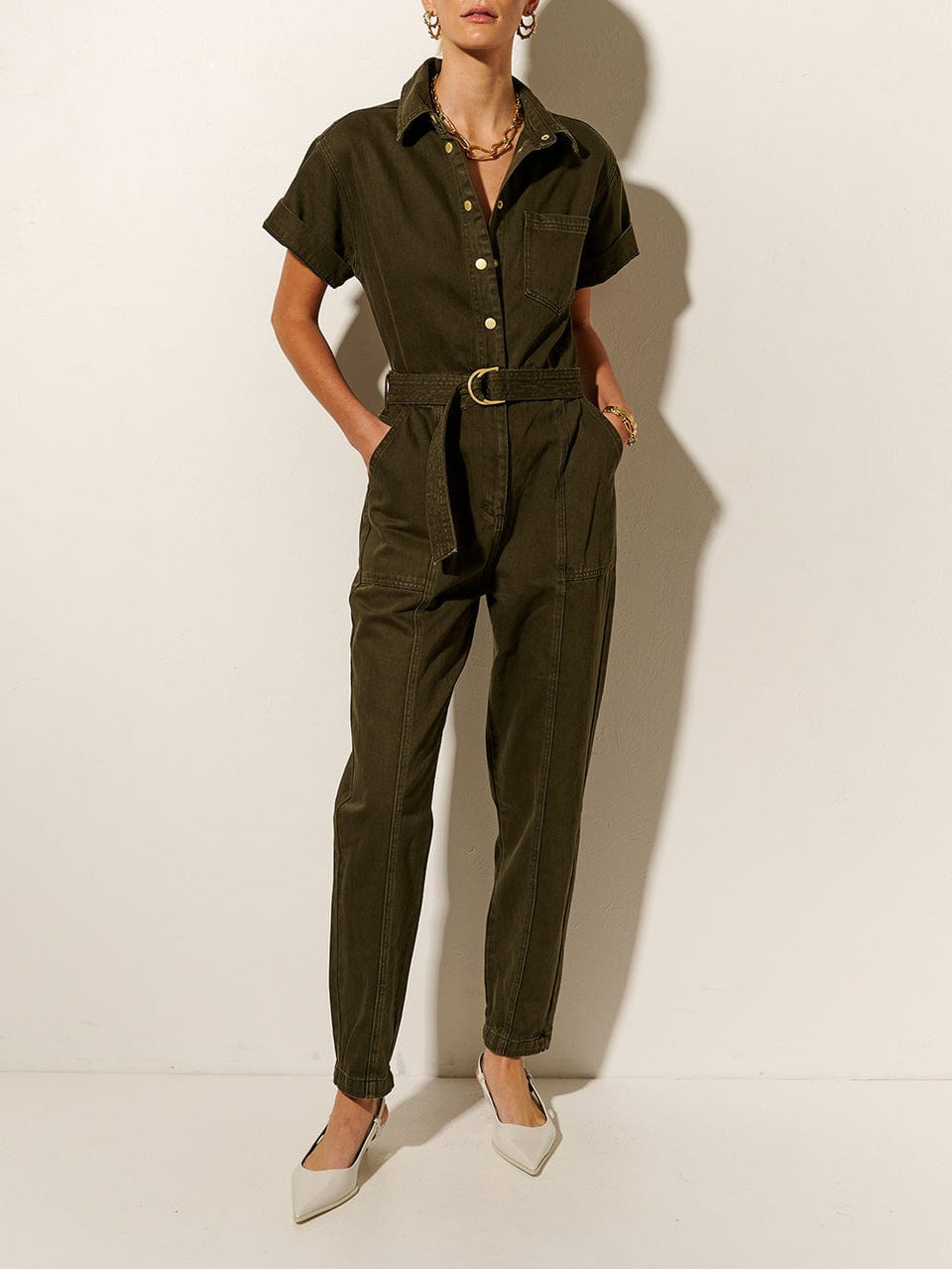 KIVARI Tahlia Boilersuit | Model wears Dark Khaki Boilersuit