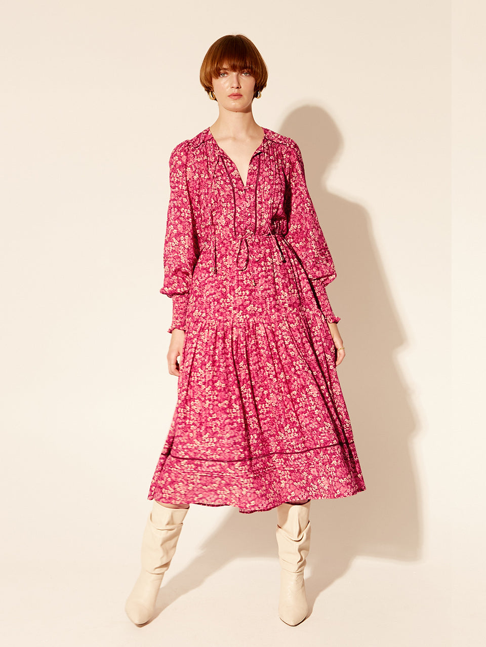 Tamara Midi Dress KIVARI | Model wears pink floral long sleeve midi dress