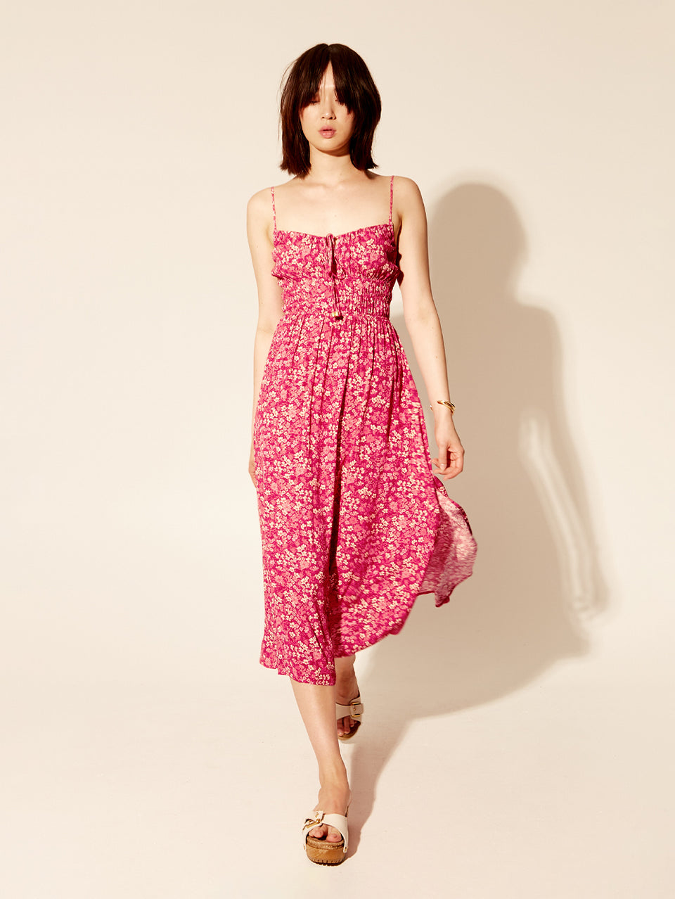 Tamara Strappy Midi Dress KIVARI | Model wears pink floral strappy midi dress