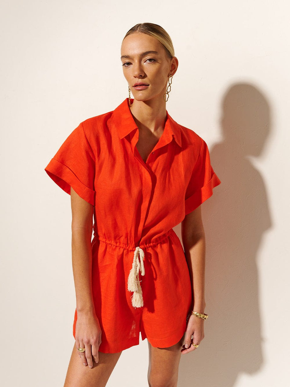 Tully Playsuit KIVARI | Model wears red linen playsuit