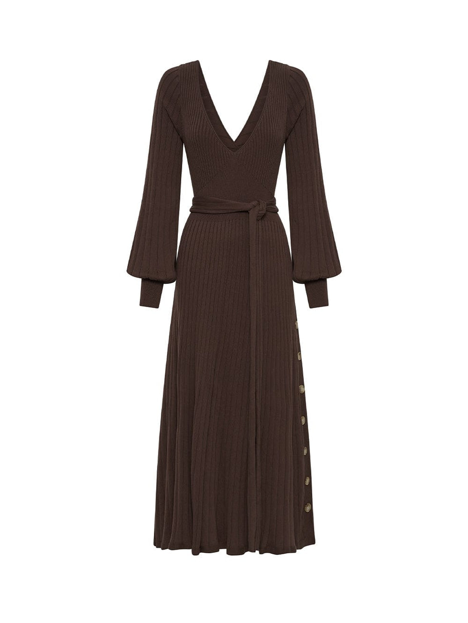 Ghost image of the KIVARI Yolanda Long Sleeve Knit Dress - Chocolate: A rich brown reversible dress made from rib knit stitching with soft underbust seams, a tie-back feature with cut-out detail, full-length blouson sleeves and an A-line skirt.