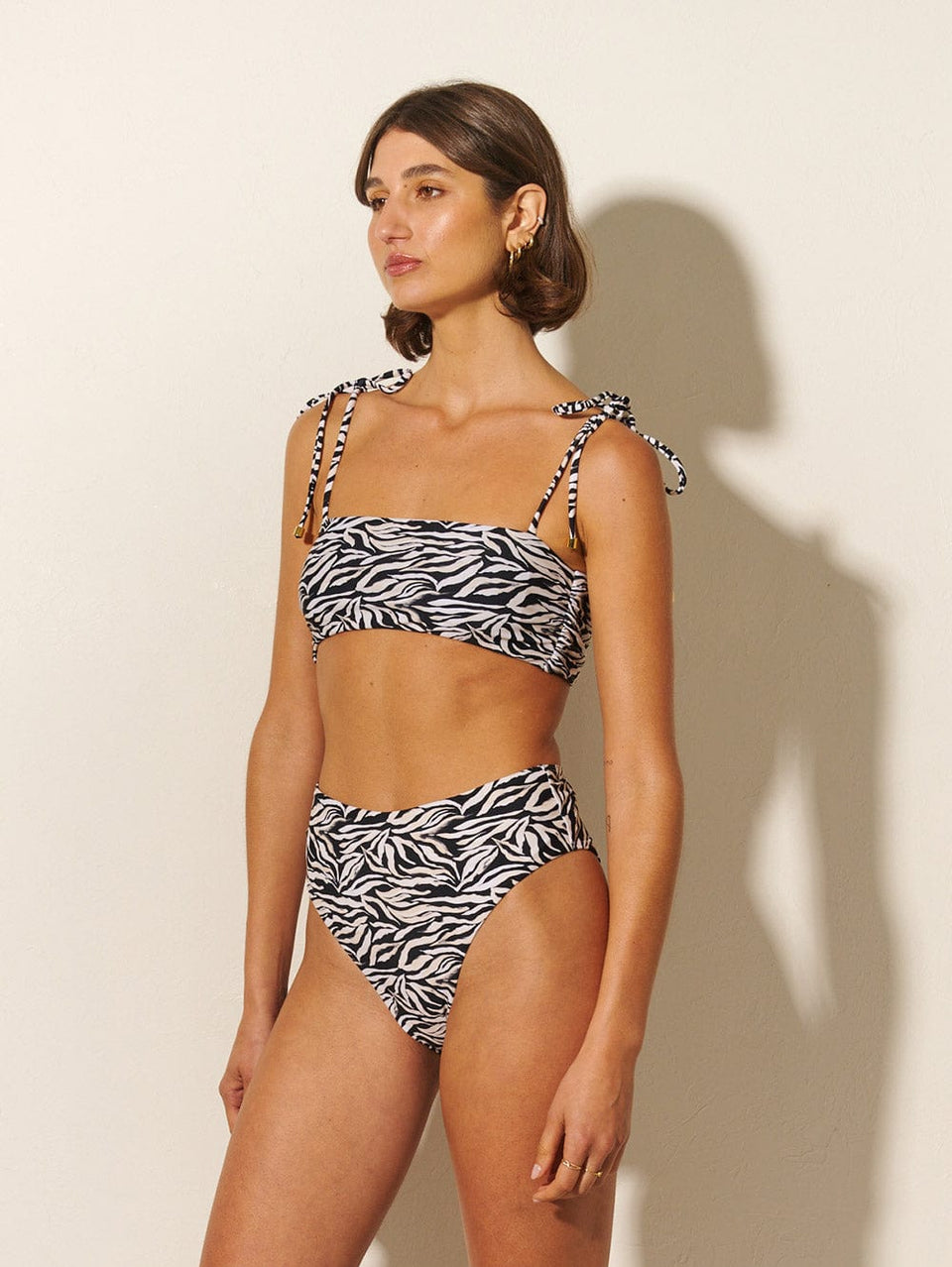 Zenya High Waist Bikini Bottom KIVARI | Model wears zebra printed bikini bottoms side view